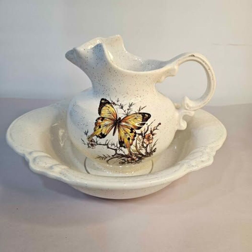Vintage Ceramic Butterfly Pitcher and Basin Set by Treasure Craft